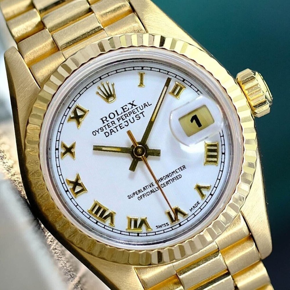 ROLEX DATEJUST LADIES 18K SOLID YELLOW GOLD PRESIDENT WATCH WHITE DIAL 69178